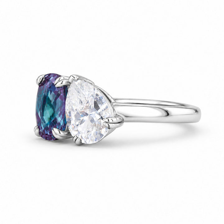 The Solenne — Alexandrite & Diamond Toi et Moi Ring in 14K white gold, angled view