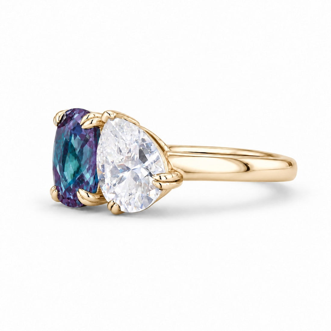 The Solenne — Alexandrite & Diamond Toi et Moi Ring in 14K yellow gold, angled view