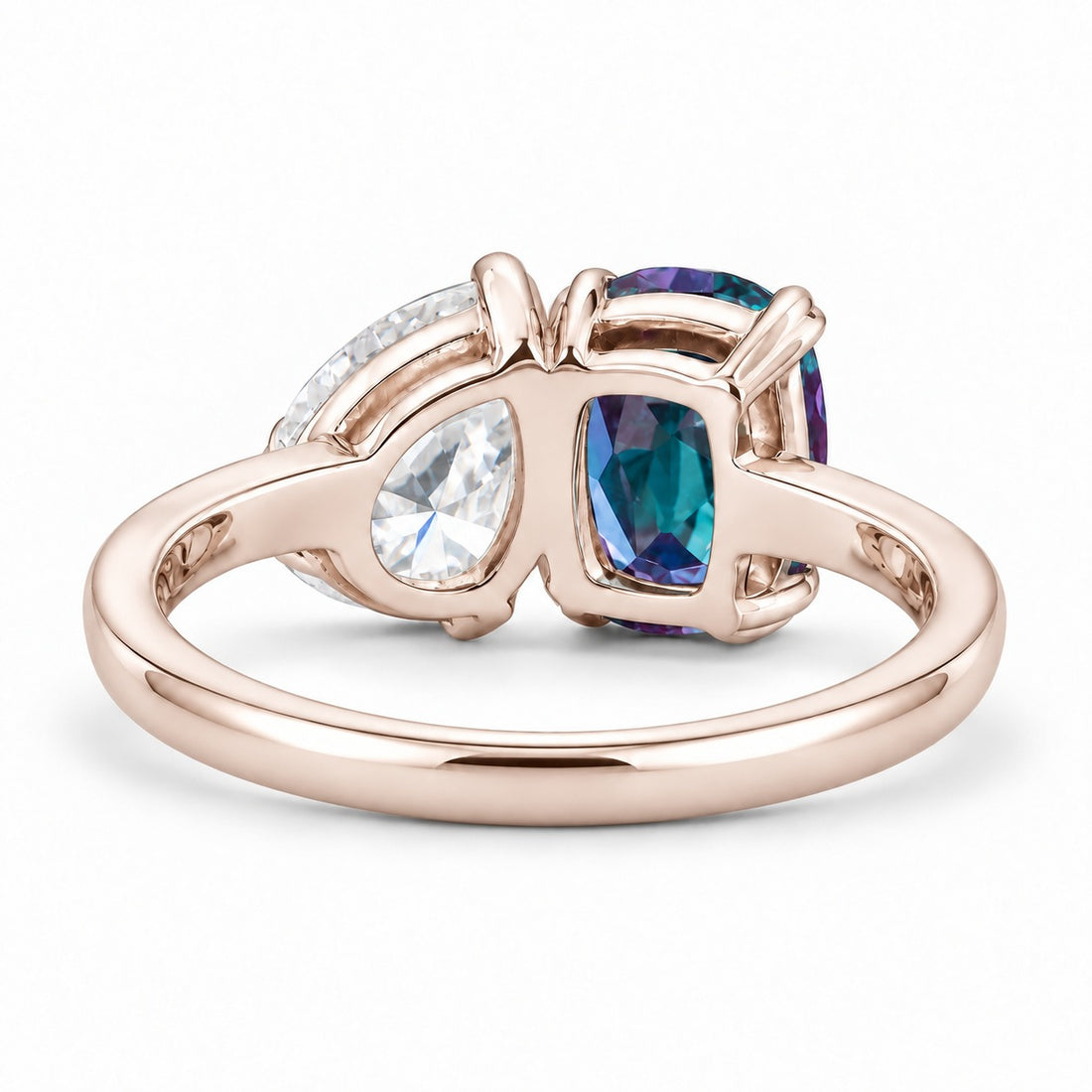 The Solenne — Alexandrite & Diamond Toi et Moi Ring in 14K rose gold, back view