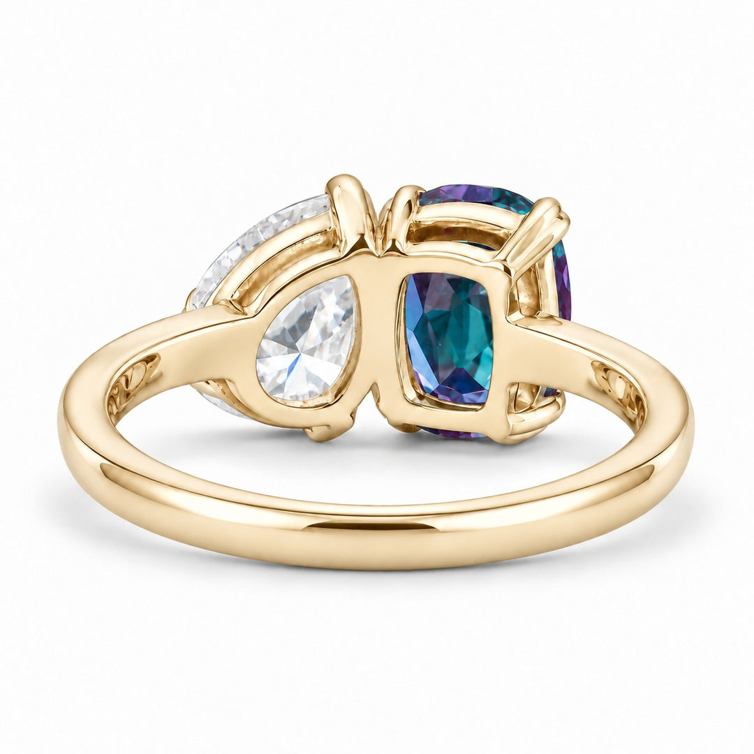 The Solenne — Alexandrite & Diamond Toi et Moi Ring in 14K yellow gold, back view