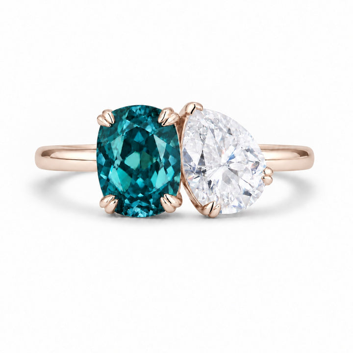 The Solenne — Alexandrite & Diamond Toi et Moi Ring in 14K rose gold, in daylight