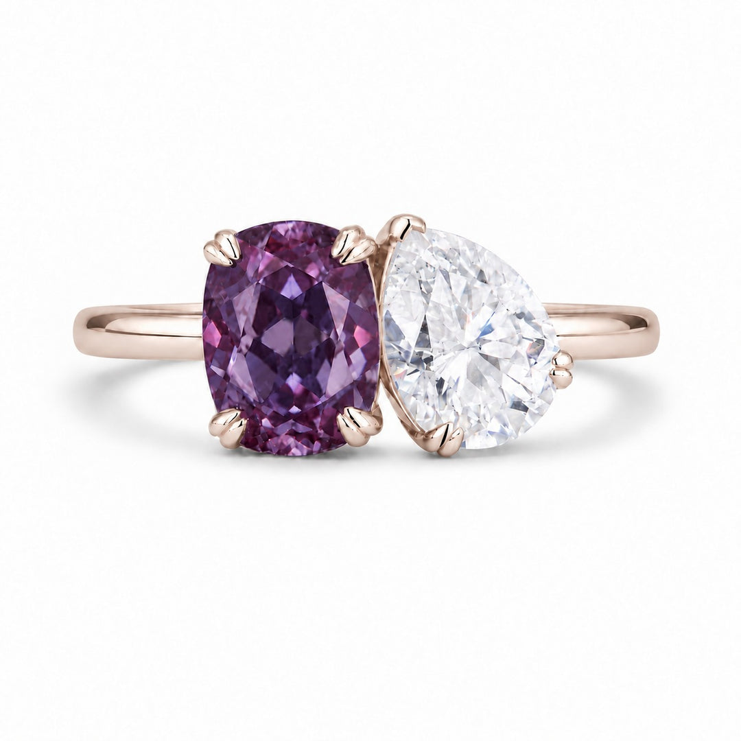 The Solenne — Alexandrite & Diamond Toi et Moi Ring in 14K rose gold, in warm light