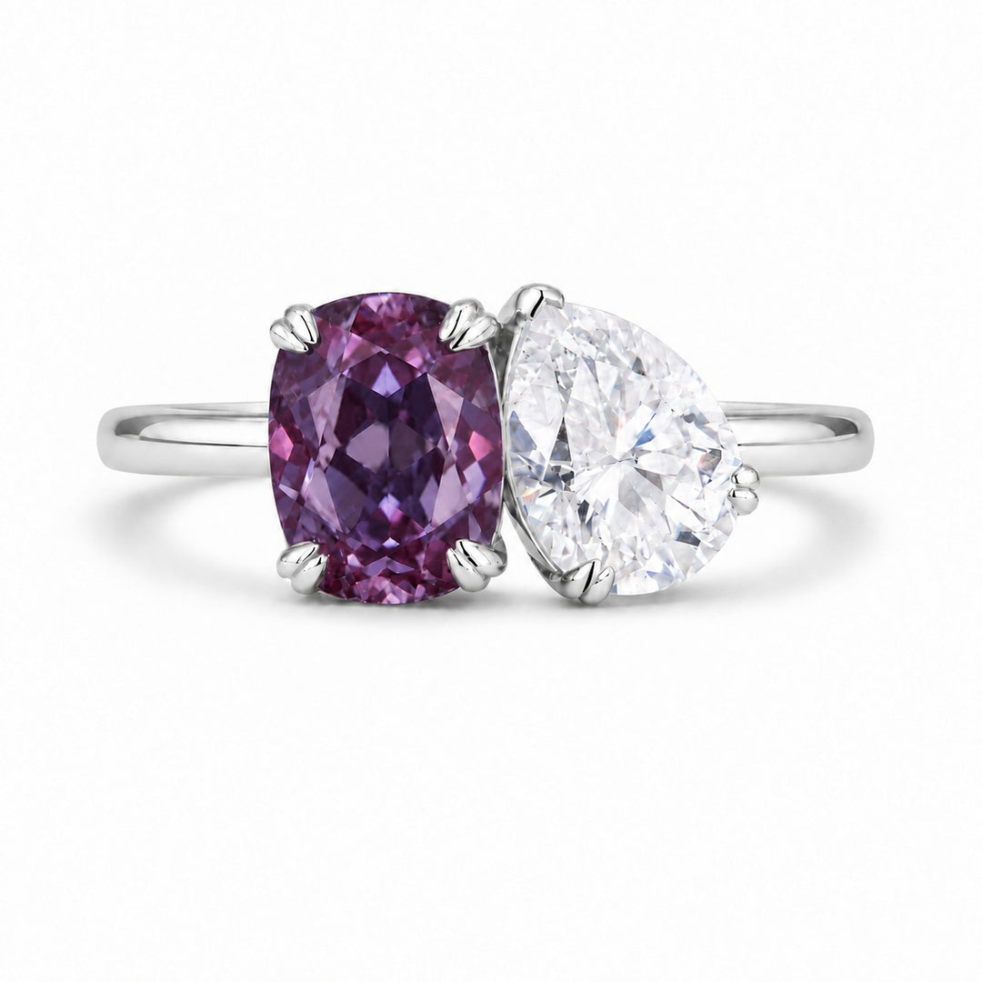 The Solenne — Alexandrite & Diamond Toi et Moi Ring in 14K white gold, in warm light