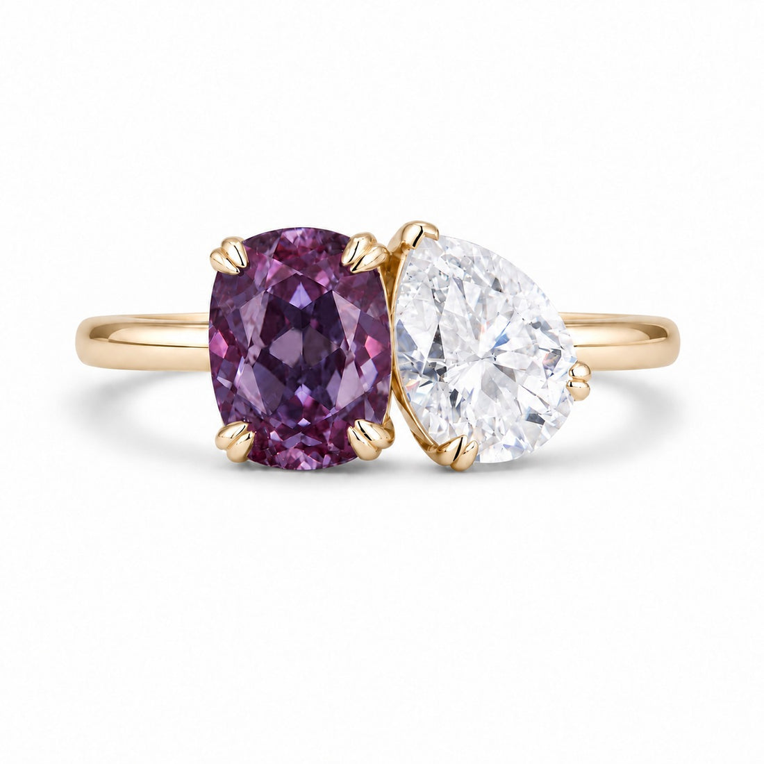 The Solenne — Alexandrite & Diamond Toi et Moi Ring in 14K yellow gold, in warm light