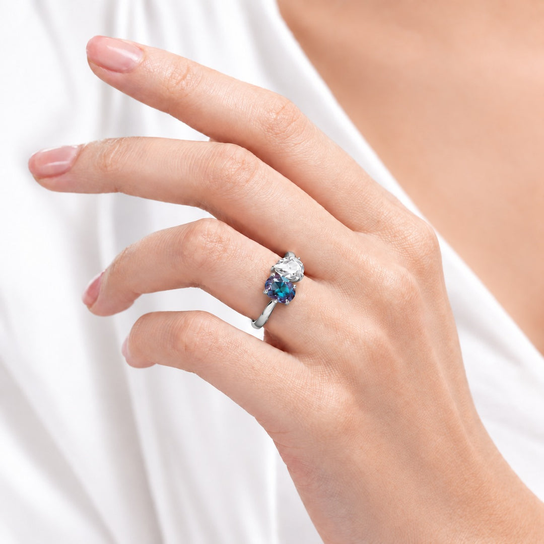The Solenne — Alexandrite & Diamond Toi et Moi Ring in platinum, worn on hand
