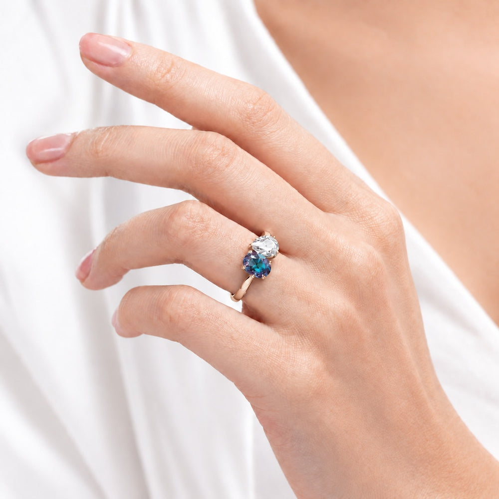The Solenne — Alexandrite & Diamond Toi et Moi Ring in 14K rose gold, worn on hand