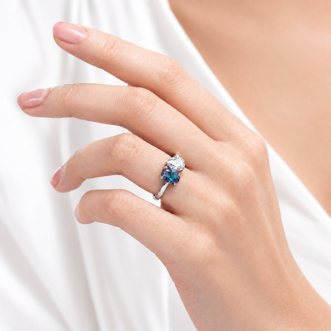 The Solenne — Alexandrite & Diamond Toi et Moi Ring in 14K white gold, worn on hand