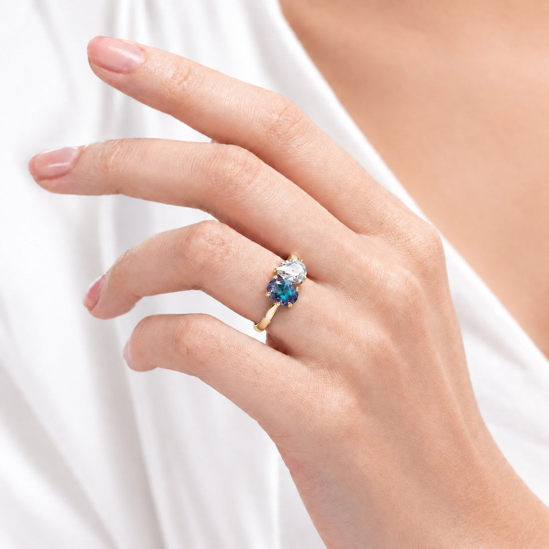The Solenne — Alexandrite & Diamond Toi et Moi Ring in 14K yellow gold, worn on hand