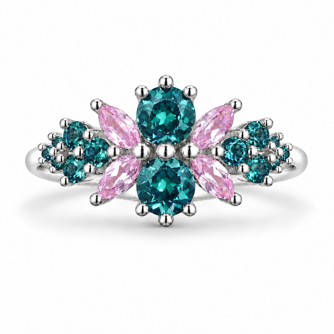 Roseraie Alexandrite & Pink Sapphire Ring in 14K white gold, in daylight