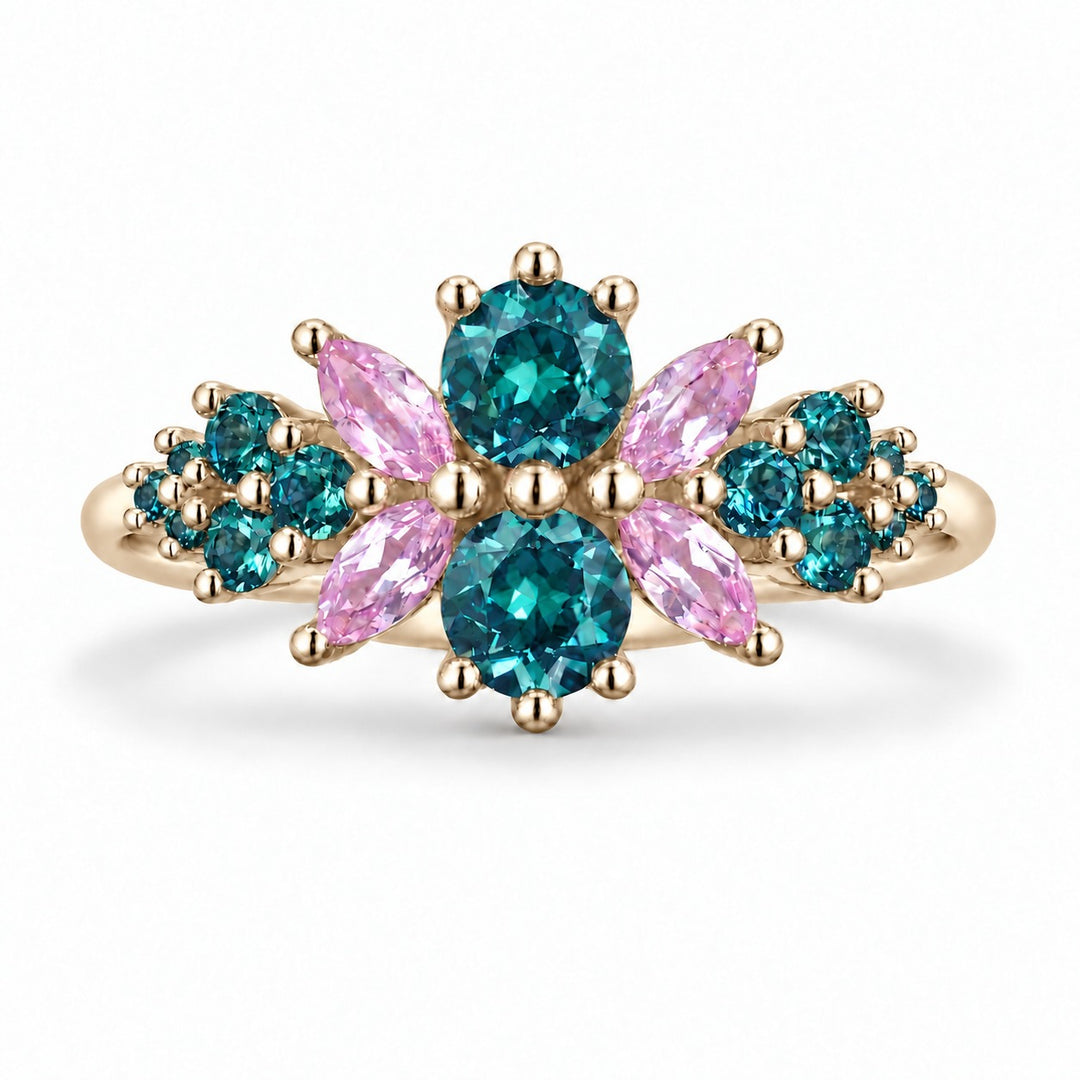 Roseraie Alexandrite & Pink Sapphire Ring in 14K yellow gold, in daylight