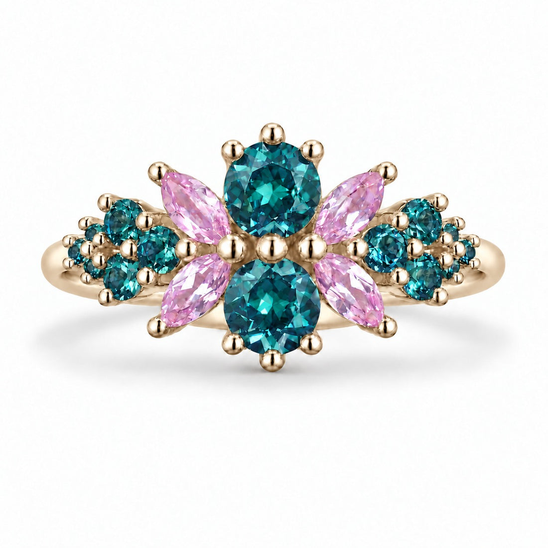 Roseraie Alexandrite & Pink Sapphire Ring in 14K yellow gold, in daylight