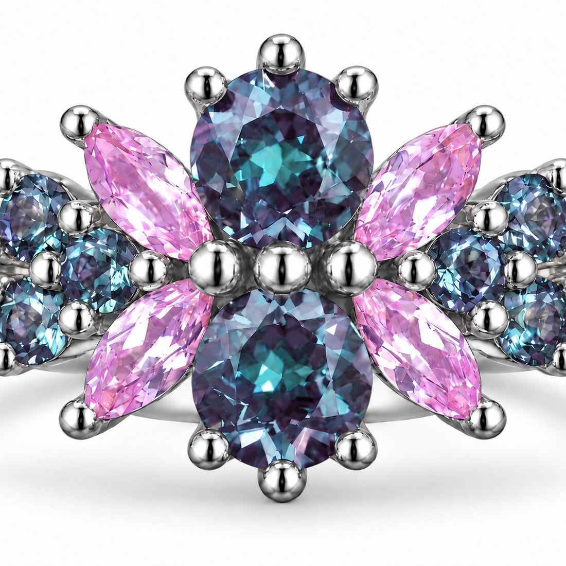 Roseraie Alexandrite & Pink Sapphire Ring in platinum, close-up