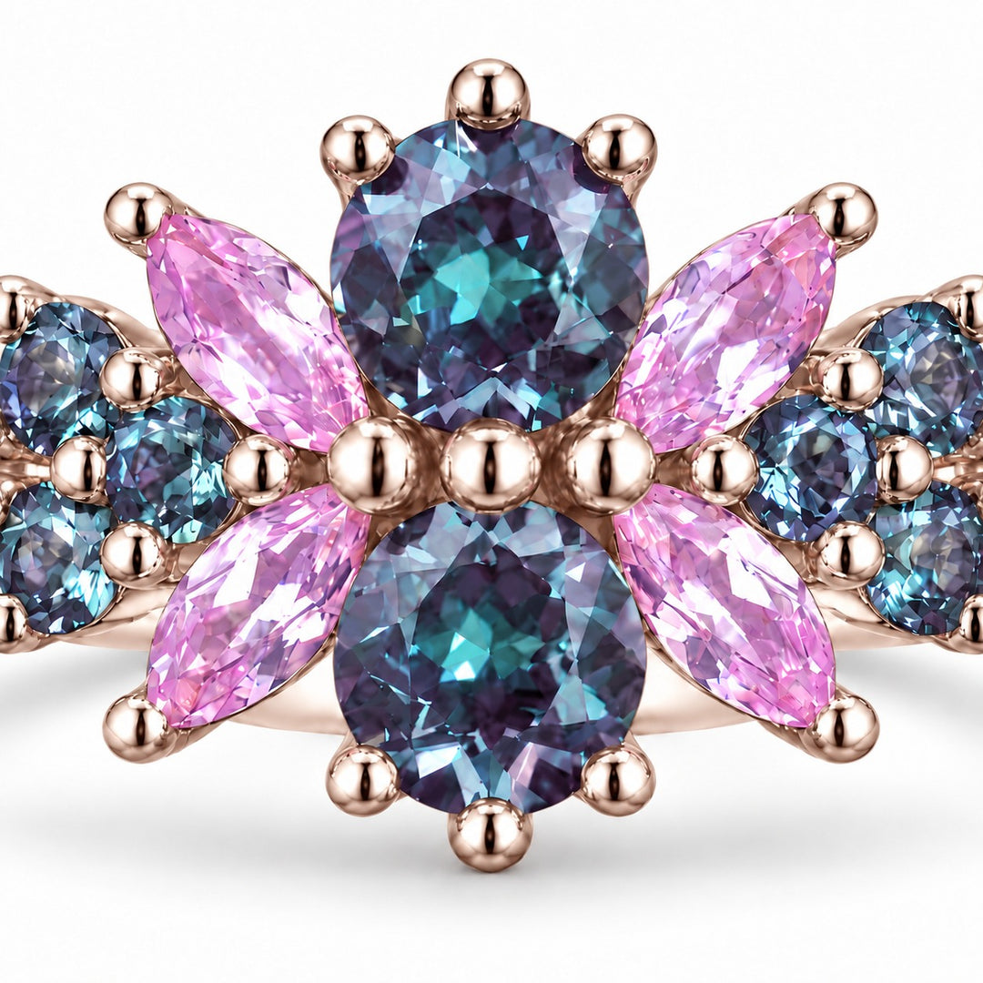 Roseraie Alexandrite & Pink Sapphire Ring in 14K rose gold, close-up