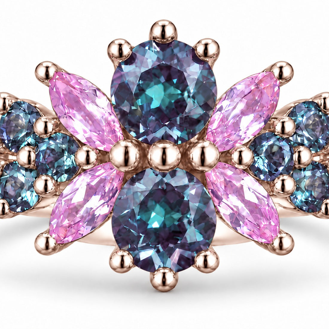 Roseraie Alexandrite & Pink Sapphire Ring in 14K rose gold, close-up