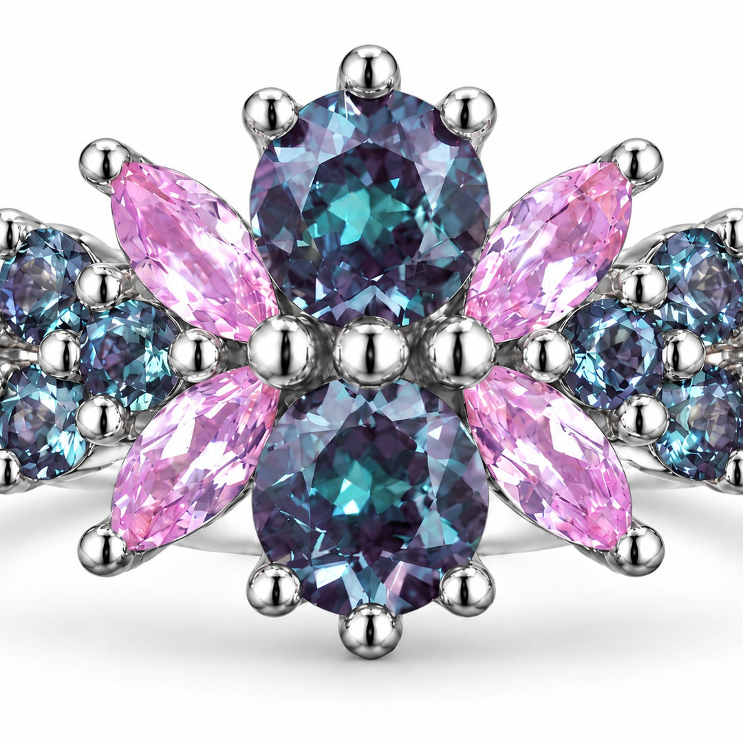 Roseraie Alexandrite & Pink Sapphire Ring in 14K white gold, close-up