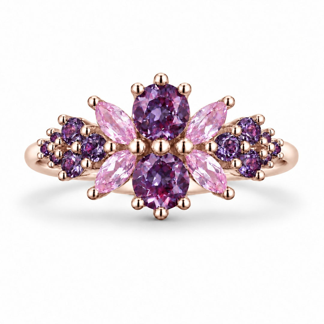 Roseraie Alexandrite & Pink Sapphire Ring in 14K rose gold, in warm light