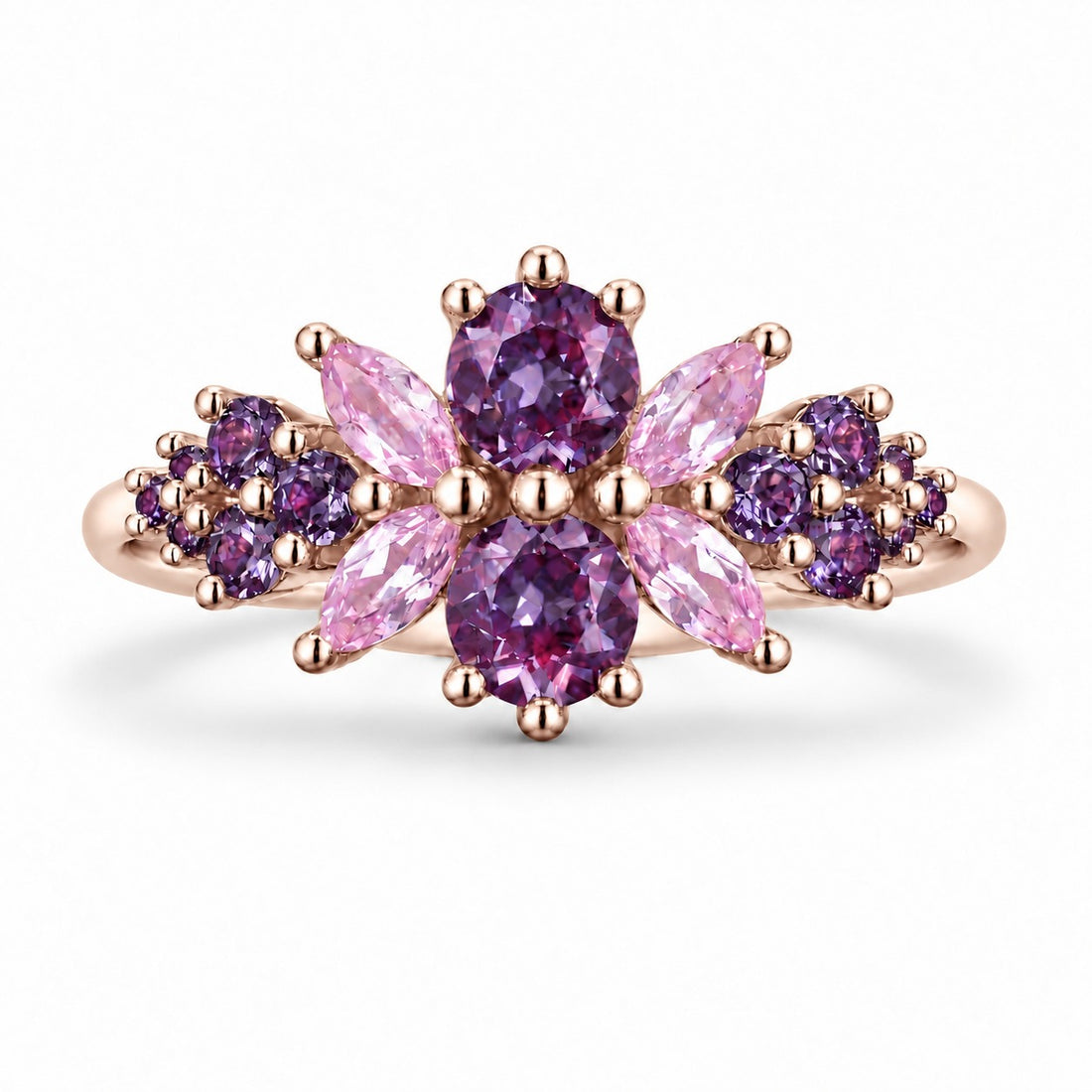 Roseraie Alexandrite & Pink Sapphire Ring in 14K rose gold, in warm light