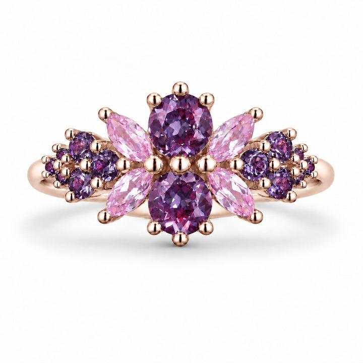 Roseraie Alexandrite & Pink Sapphire Ring in 14K rose gold, in warm light