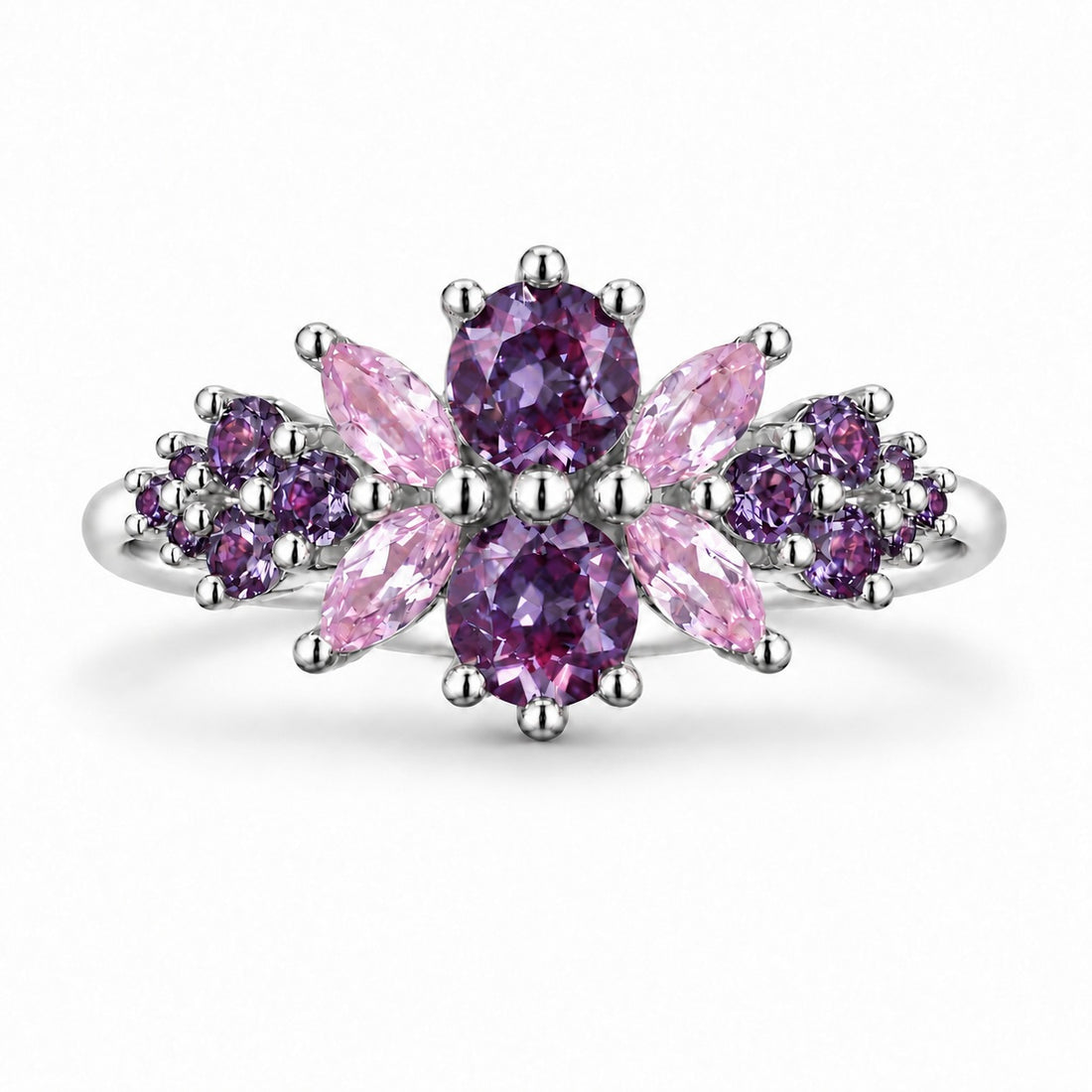 Roseraie Alexandrite & Pink Sapphire Ring in 14K white gold, in warm light