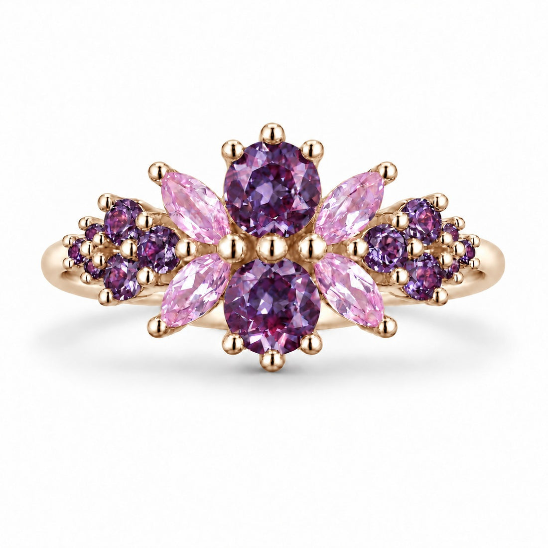 Roseraie Alexandrite & Pink Sapphire Ring in 14K yellow gold, in warm light