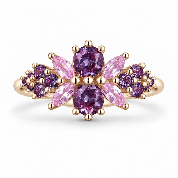 Roseraie Alexandrite & Pink Sapphire Ring in 14K yellow gold, in warm light