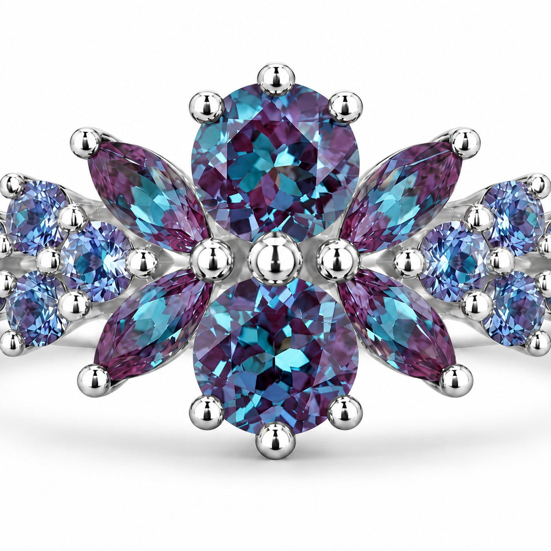 Roseraie Alexandrite & Pink Sapphire Ring in 14K white gold (Full Alexandrite), close-up