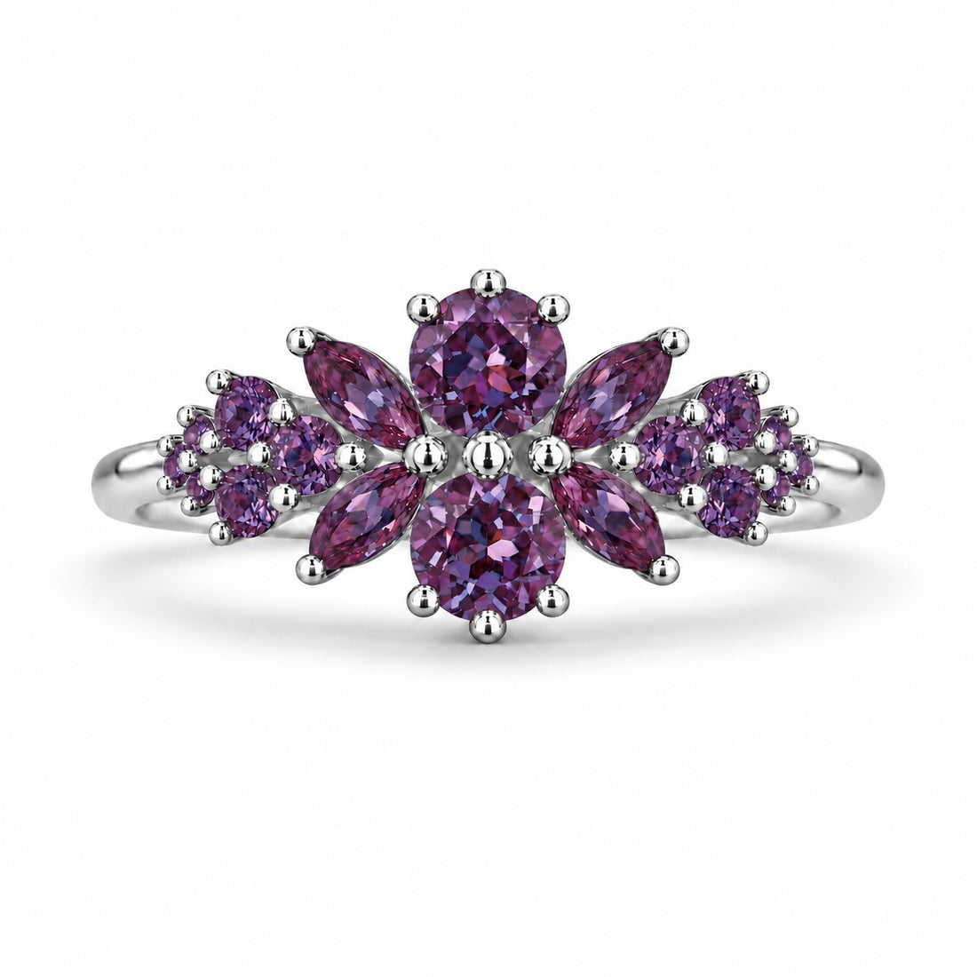 Roseraie Alexandrite & Pink Sapphire Ring in platinum (Full Alexandrite), in warm light