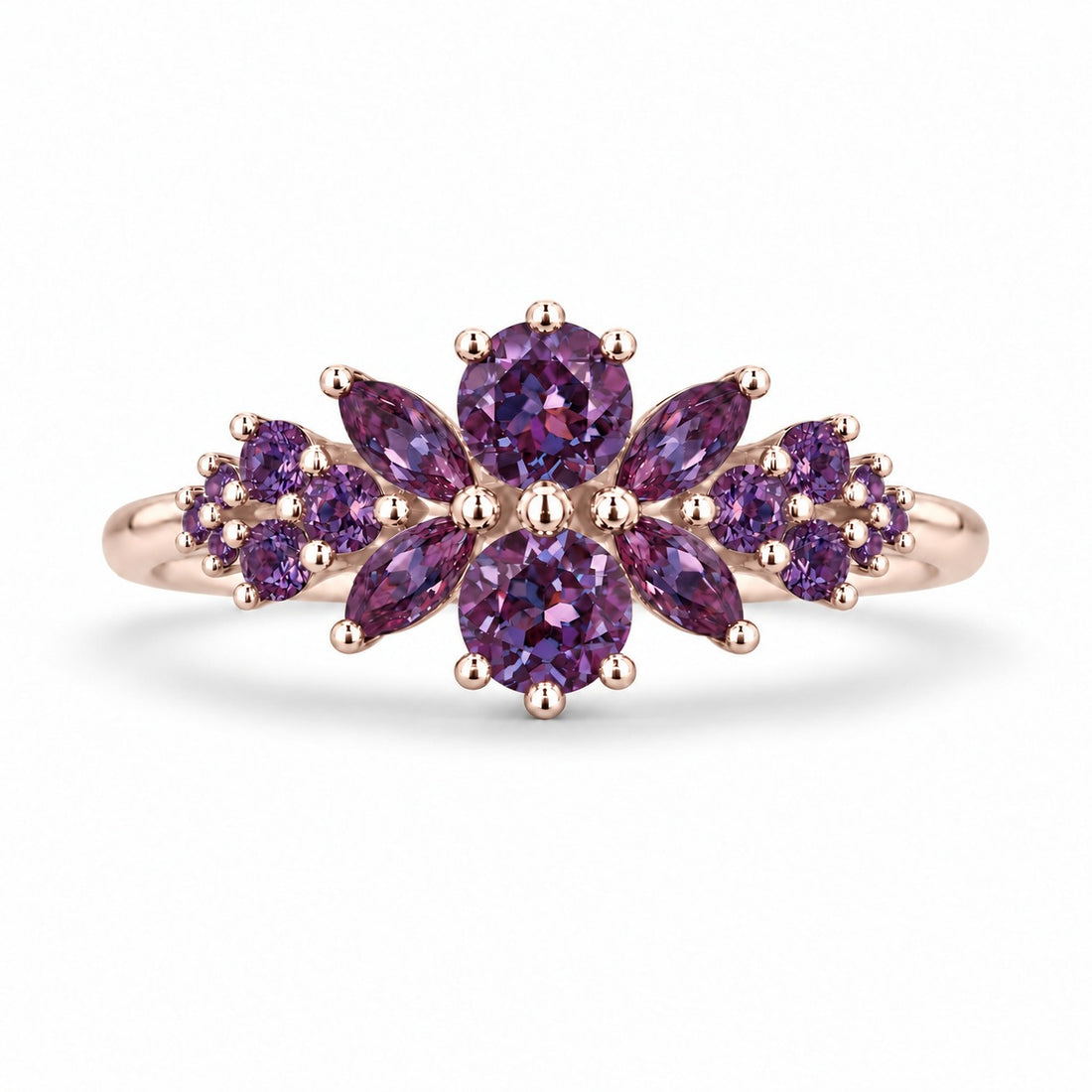 Roseraie Alexandrite & Pink Sapphire Ring in 14K rose gold (Full Alexandrite), in warm light
