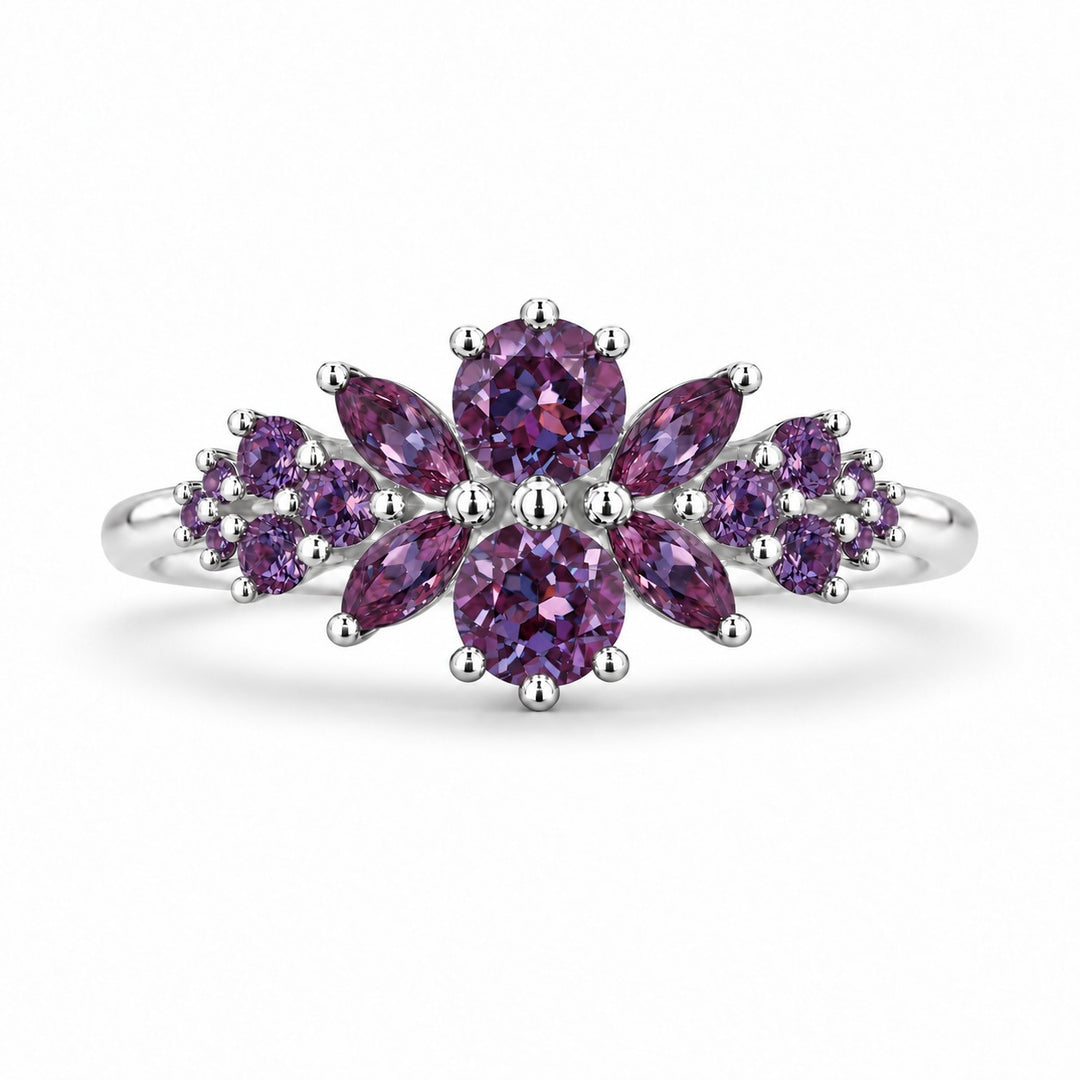 Roseraie Alexandrite & Pink Sapphire Ring in 14K white gold (Full Alexandrite), in warm light