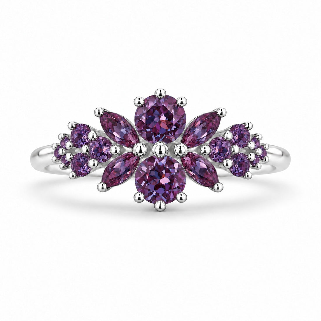 Roseraie Alexandrite & Pink Sapphire Ring in 14K white gold (Full Alexandrite), in warm light