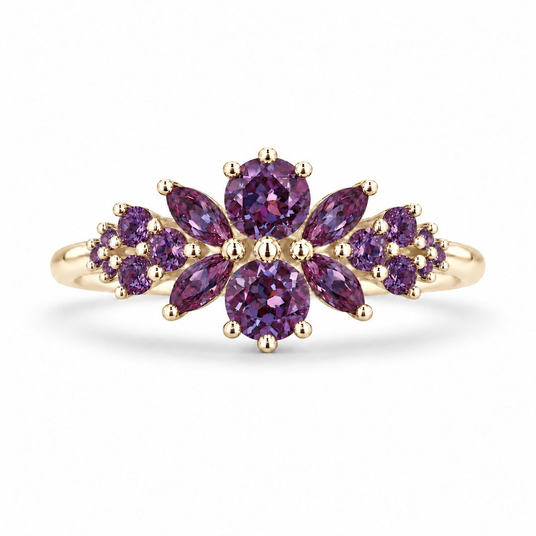 Roseraie Alexandrite & Pink Sapphire Ring in 14K yellow gold (Full Alexandrite), in warm light