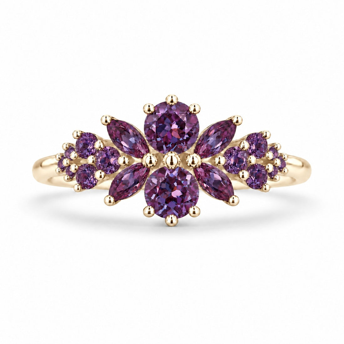Roseraie Alexandrite & Pink Sapphire Ring in 14K yellow gold (Full Alexandrite), in warm light
