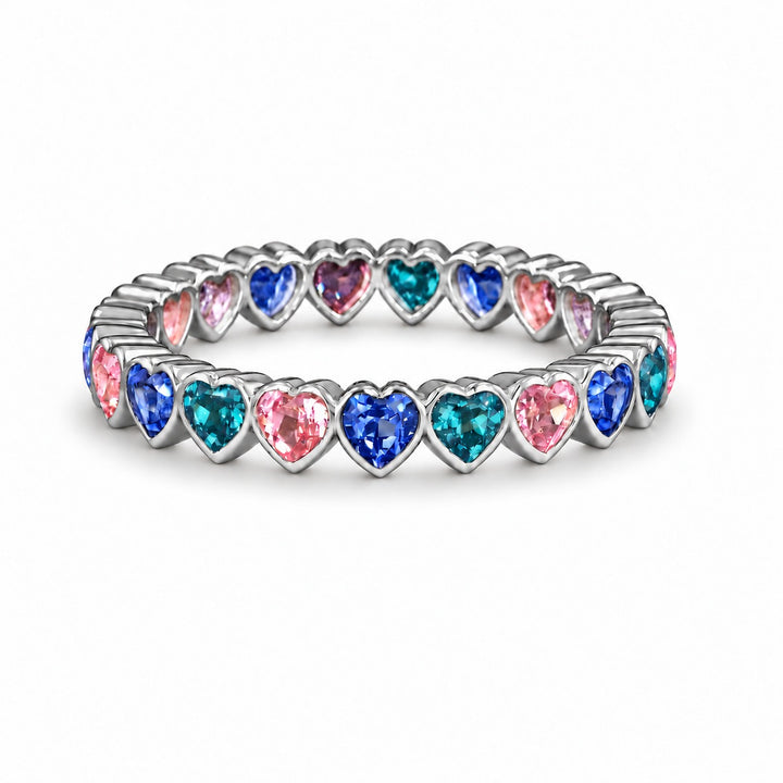 Heart Sapphire & Alexandrite Eternity Band in platinum, in daylight