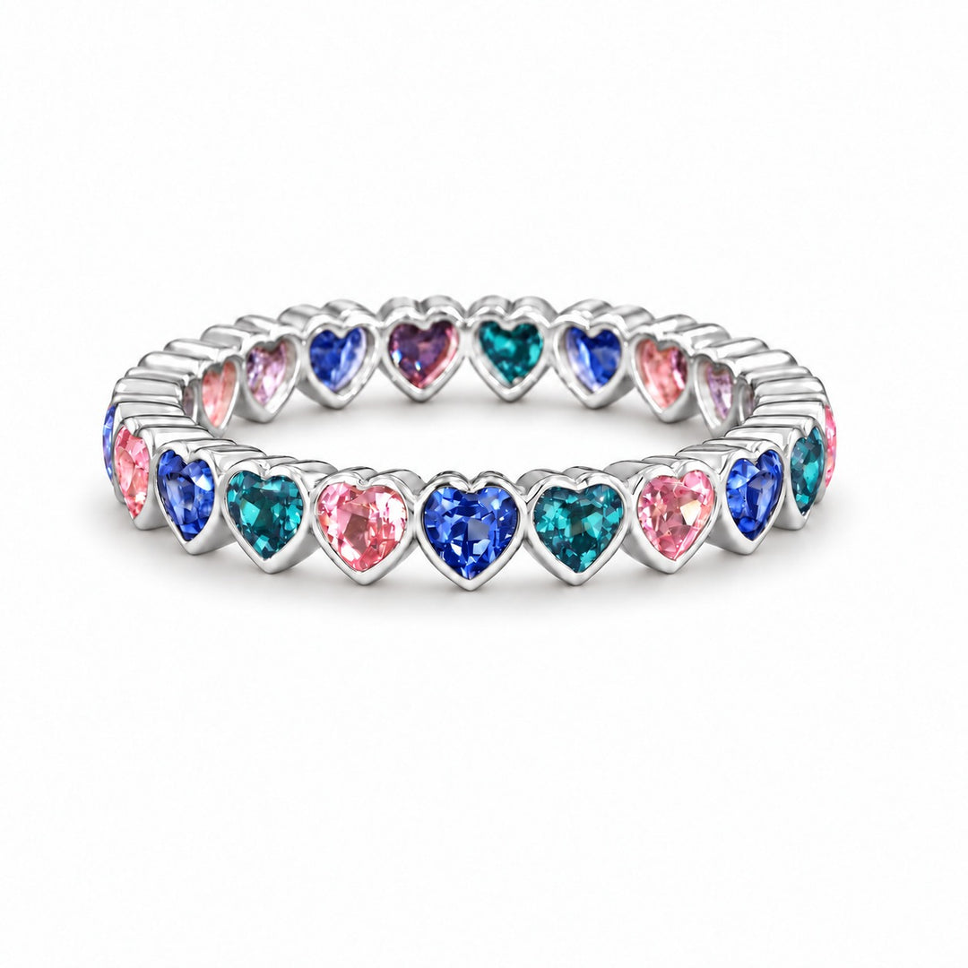 Heart Sapphire & Alexandrite Eternity Band in 14K white gold, in daylight