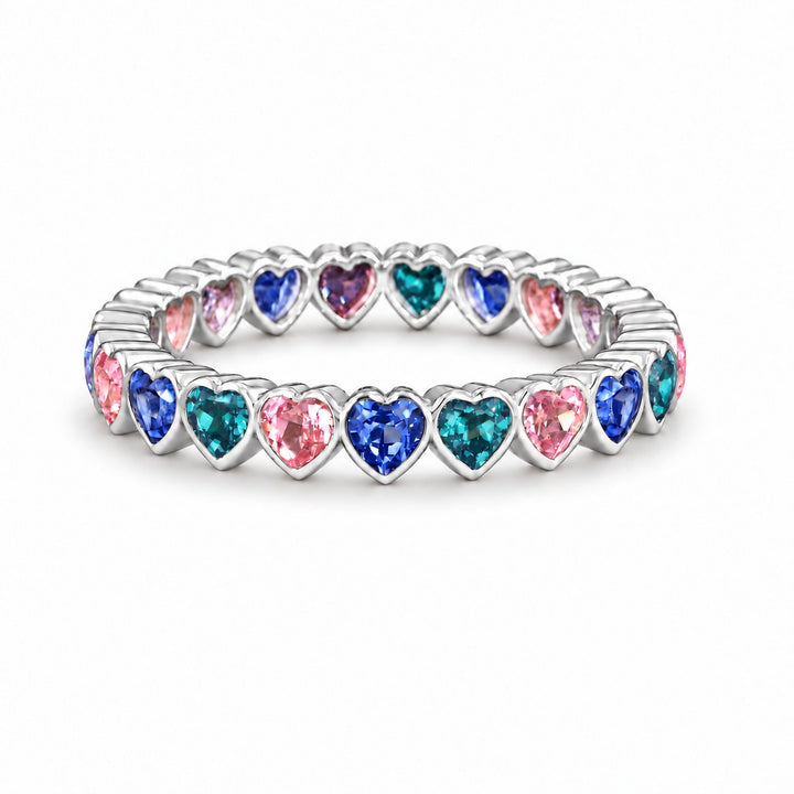 Heart Sapphire & Alexandrite Eternity Band in 14K white gold, in daylight