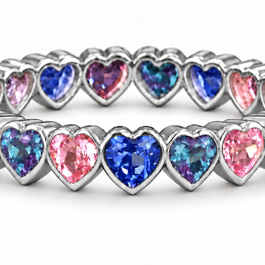 Heart Sapphire & Alexandrite Eternity Band in platinum, close-up