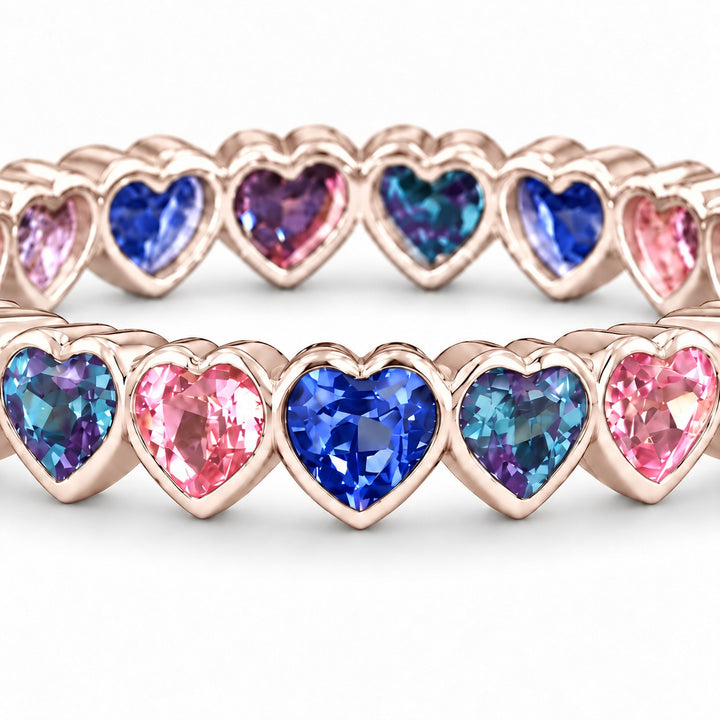 Heart Sapphire & Alexandrite Eternity Band in 14K rose gold, close-up