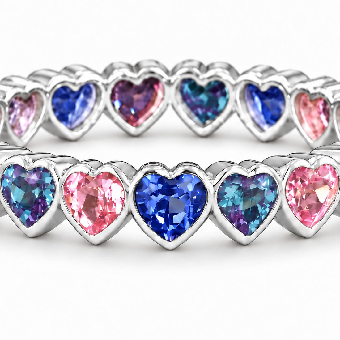 Heart Sapphire & Alexandrite Eternity Band in 14K white gold, close-up