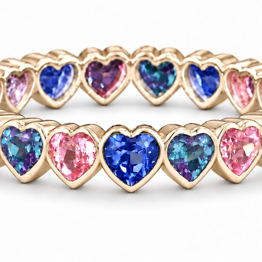 Heart Sapphire & Alexandrite Eternity Band in 14K yellow gold, close-up