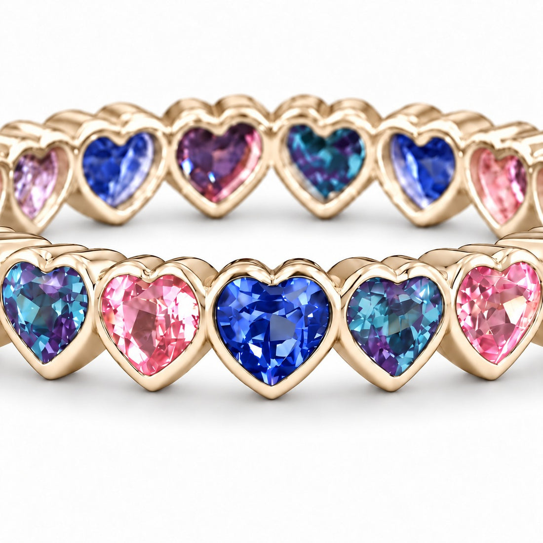 Heart Sapphire & Alexandrite Eternity Band in 14K yellow gold, close-up