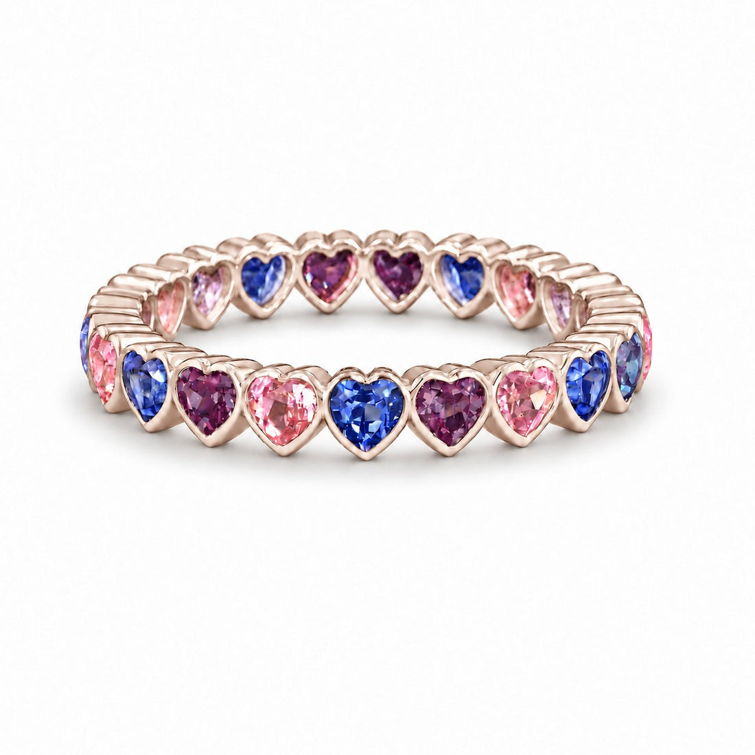 Heart Sapphire & Alexandrite Eternity Band in 14K rose gold, in warm light