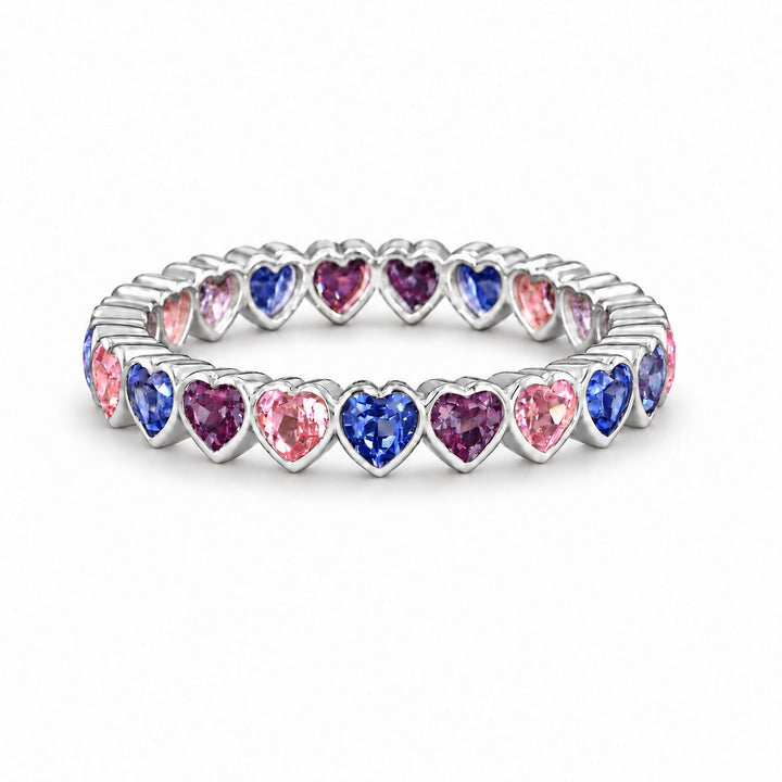 Heart Sapphire & Alexandrite Eternity Band in 14K white gold, in warm light