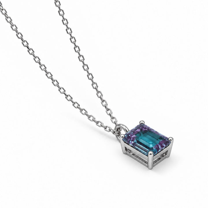 Emerald-Cut Lab Alexandrite Pendant — 3.00ct in platinum, angled view