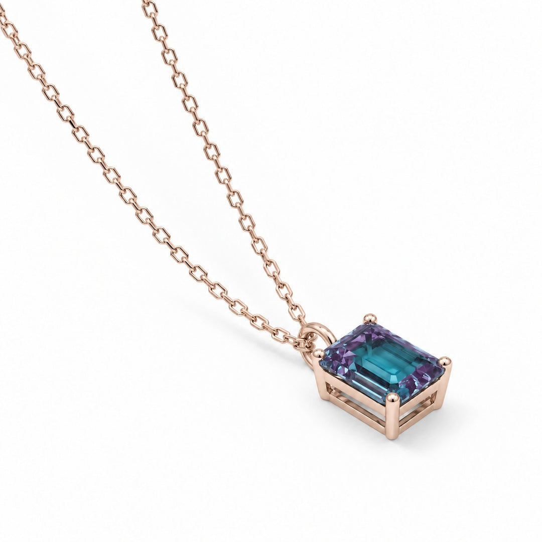 Emerald-Cut Lab Alexandrite Pendant — 3.00ct in 14K rose gold, angled view