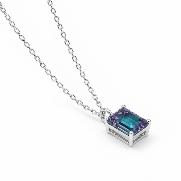 Emerald-Cut Lab Alexandrite Pendant — 3.00ct in 14K white gold, angled view