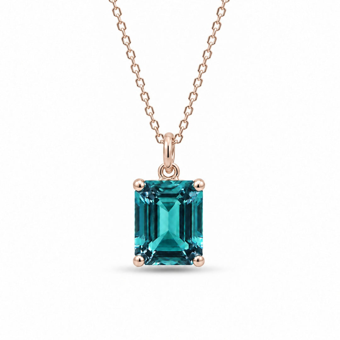 Emerald-Cut Lab Alexandrite Pendant — 3.00ct in 14K rose gold, in daylight