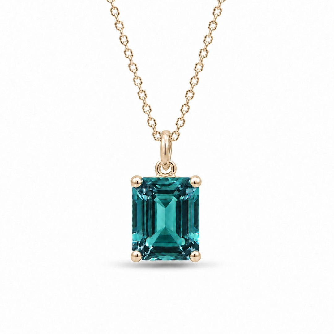 Emerald-Cut Lab Alexandrite Pendant — 3.00ct in 14K yellow gold, in daylight