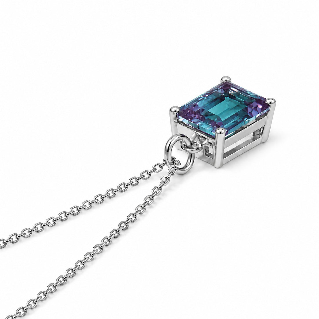 Emerald-Cut Lab Alexandrite Pendant — 3.00ct in platinum, side view