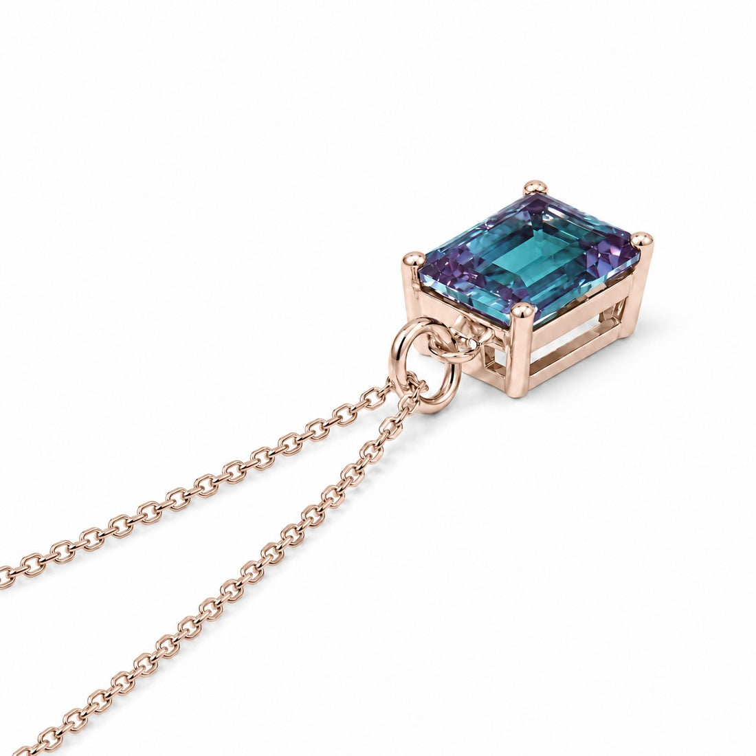 Emerald-Cut Lab Alexandrite Pendant — 3.00ct in 14K rose gold, side view
