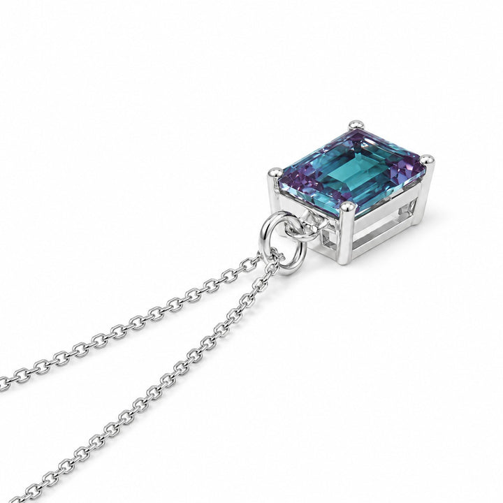 Emerald-Cut Lab Alexandrite Pendant — 3.00ct in 14K white gold, side view